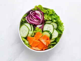 Fresh salad bowl with cucumbers, carrots, and red onions, showcasing vibrant colors and healthy ingredients. Perfect for nutritious meal or snack