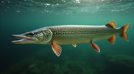 A pike glides gracefully through the clear waters of a tranquil lake, showcasing its distinctive markings and vibrant fins while sunlight pours in from above.
