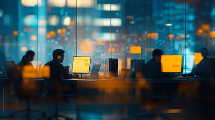 Silhouetted professionals working late in a modern office, illuminated by computer screens and city lights