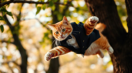 Cute orange cat wearing suit and bow tie like a secret agent dramatically jumping from a tree