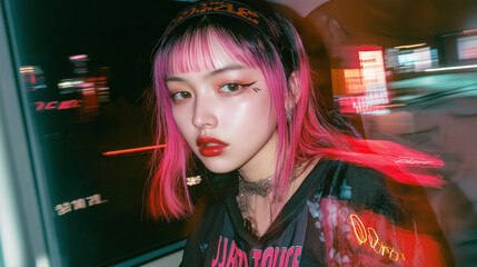 Stylish portrait of a young woman in Harajuku fashion style with vibrant neon lights and dynamic motion blur