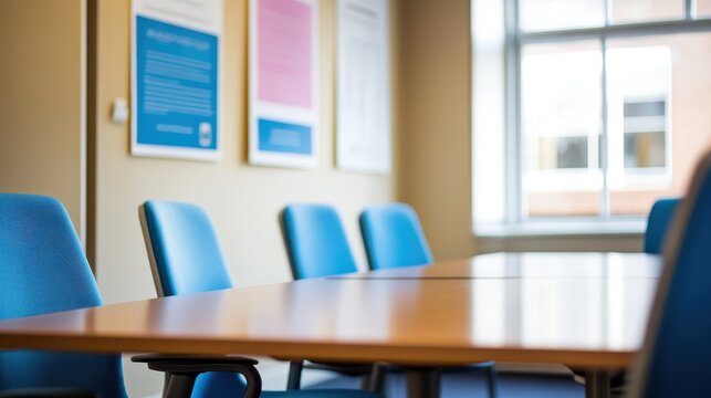 A poster displayed near an office meeting room, featuring a clean and professional design, enhancing the space with relevant information or promotional content.