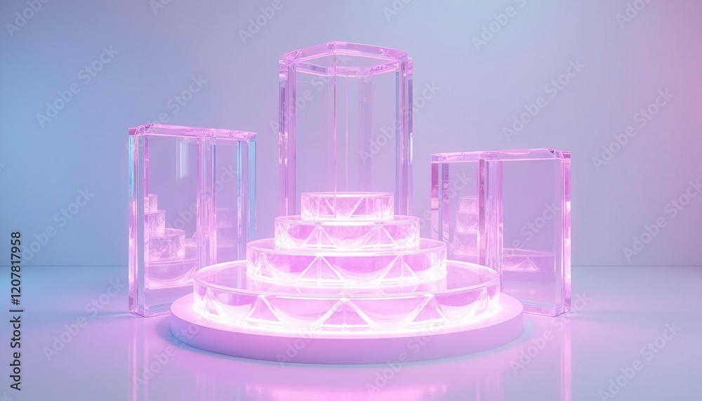 Poster minimalist pastel podium with soft pink and blue lighting, holographic empty showcase platform for p