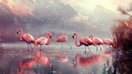 Obraz premium Stunning Flamingos in Snowy Mountain Lake Landscape