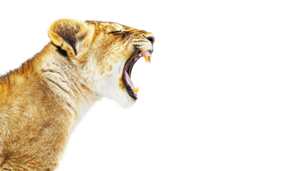 Powerful profile shot of a young lioness with its mouth wide open, showcasing sharp teeth against a white background. Ideal for concepts of power, wildness, and untamed nature.