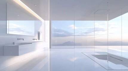 Fototapeta premium A pristine white bathroom featuring a double sink, emphasizing clean lines and a modern design.
