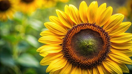 Obraz premium Bright yellow sunflower with dark brown center and large petals, garden flowers, field flowers, farm life, floral patterns, flower illustrations