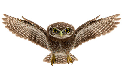 Powerful little owl in flight, wings spread wide, isolated on white background.  Perfect for wildlife, nature, or fantasy projects.