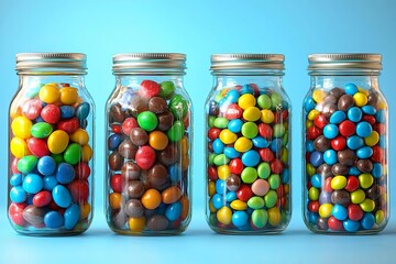 seamless of  Colorful candies in jars on table on blue background background , isolated on white background,  , copy space for text,