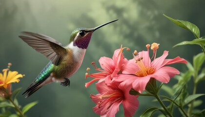 Fototapeta premium Close-up of a hummingbird sipping nectar from a flower, flower, bird life, blooming