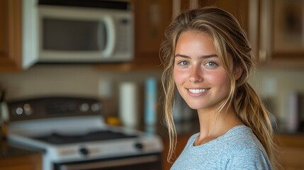 Portrait of a Smiling Young Woman in a Kitchen