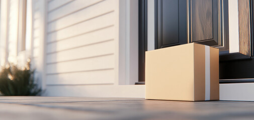 low angle close up of package resting on door step, evoking sense of anticipation and delivery. warm light enhances inviting atmosphere