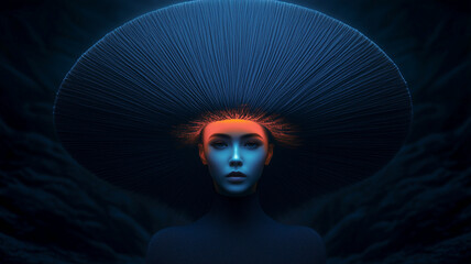 a portrait of a woman in a futuristic and surreal style, face is illuminated by a cool, bluish light, giving her an otherworldly and enigmatic appearance