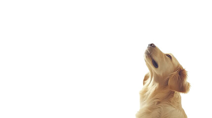 Adorable Golden Retriever puppy looking up, isolated on white background; perfect for pet, animal, or dog-related projects.