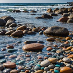 A gentle tide rolling in over smooth, colorful pebbles on a rocky shore.