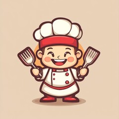 Cartoon chef holding spatulas, happy expression, food background, illustration, culinary art