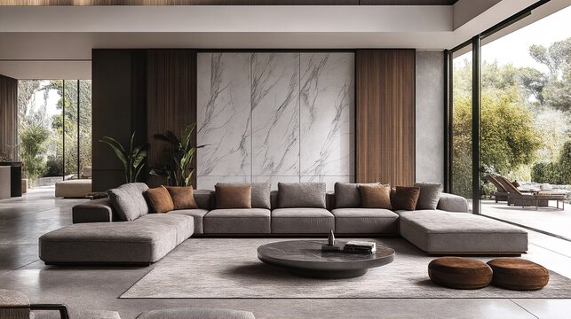 Large living room with gray sectional sofa and marble wall.