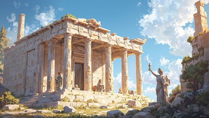 Obraz premium Golden lit temple of Athena with priestess and statue