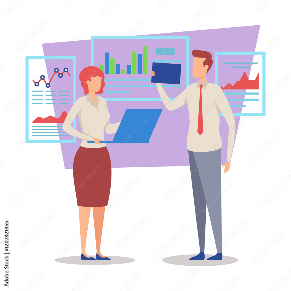 Poster two business professionals engaged in discussion about data reports and trends. charts and graphs wi