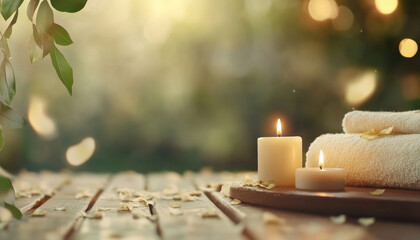 Luxurious spa setup with candles, towels, and flower petals creating serene atmosphere. Perfect for relaxation and self care moments
