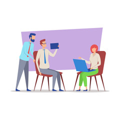 Group of three professionals engaged in discussion. Two men and woman sitting and standing around table, sharing insights and using devices