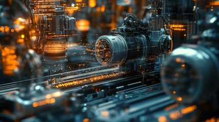 Complex machinery and equipment working seamlessly in a futuristic industrial setting, featuring intricate network connections, data flow visualizations, and advanced technological elements