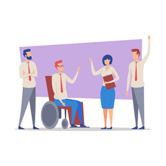 Obraz premium Four professionals engaged in animated discussion in office. Person in wheelchair actively contributing while others listening and responding. Teamwork and inclusion concept