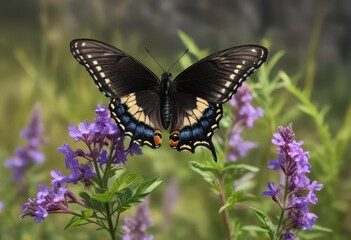 Obraz premium Black swallowtail butterfly perched on purple wildflower stem with leaves , leaves, bloom, black swallowtail