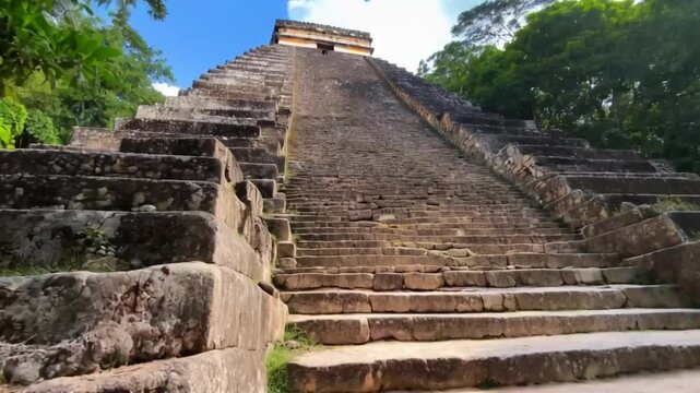Handheld close-up panning shot of the steep steps at the ancient Mayan pyramid of El Castillo in Chichen Itza, Mexico. 4K