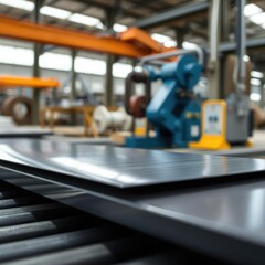 Fototapeta premium Close-up of steel sheet roll on conveyor in factory, factory production, machinery detail
