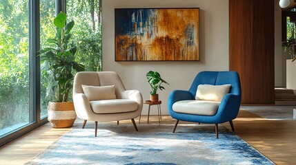 Obraz premium A cozy living room with two chairs and a painting on the wall.