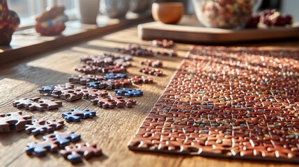 Sunny Day Jigsaw Puzzle on Wooden Table, Close-up View