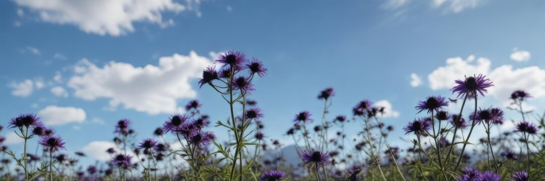 Black cumin sativa flowers in full bloom against a bright blue sky, wildflower field, floral arrangement, nature photography