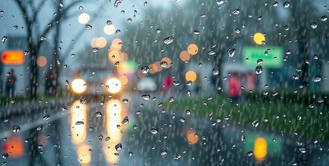 rainy street view through a wet window, blurred lights, urban landscape
