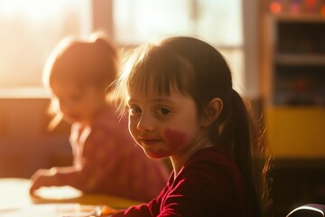 A joyful school classroom scene captures a little girl with painted cheeks, celebrating World Down Syndrome Day with creativity and friendship.