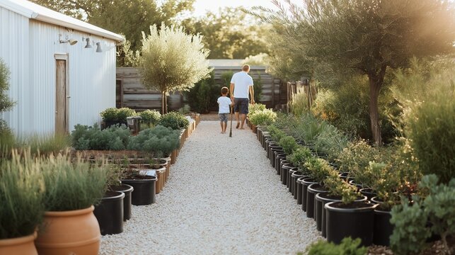 A father and son walk along a garden path, surrounded by lush greenery, enjoying quality time and natures beauty. - Powered by Adobe