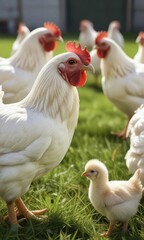 Fototapeta premium Close-up of white broiler chickens pecking at the grass in a farm field, bird flock, feeding time, livestock care