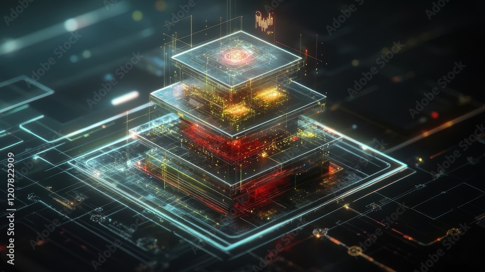 Poster glowing quantum computer processing data in a futuristic server room, representing advanced technolo