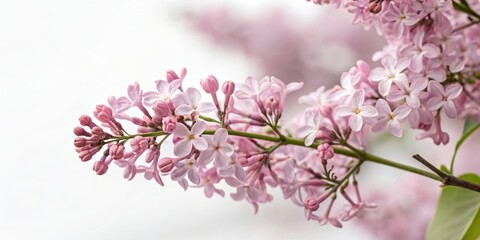 Close-up of pink lilac blooms on a branch against a soft white background, background, lilacs