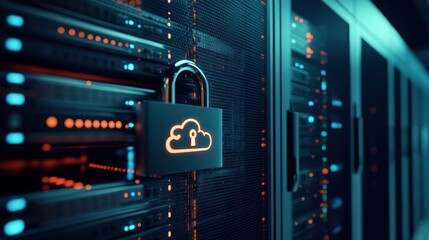 A server rack secured with a padlock, featuring a cloud and password icon, symbolizing robust protection for data and network security.
