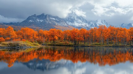 Fototapeta premium Autumnal Reflection in Patagonian Mountains: A Serene Landscape