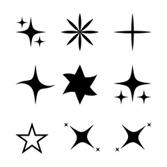Obraz premium Stars sparkle with hues of , gold, and even hints. Shining twinkle sunburst stars sparkle shape. Stars icon Collection. Glowing light effect, y2k style basic shapes geometric graphic vector.