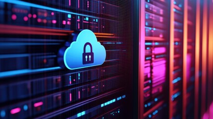 A server rack secured with a padlock, featuring a cloud and password icon, symbolizing robust protection for data and network security.