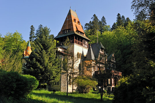 Pelisor Castle complex in the Carpathians Mountains near the mountain resort of Sinaia, Wallachia region, Romania