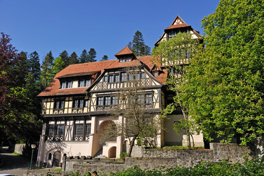 Pelisor Castle complex in the Carpathians Mountains near the mountain resort of Sinaia, Wallachia region, Romania