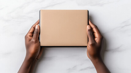 Naklejka premium person holding tablet with neutral cover, showcasing hands on marble surface. image conveys sense of modern technology and personal connection