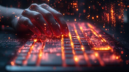 Futuristic Hand Typing on Glowing Keyboard with Digital Data Flowing Around