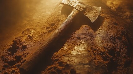 Rusty hatchet buried in dirt, illuminated.
