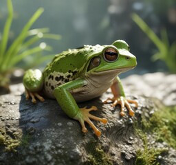 Fototapeta premium Close-up of Italian tree frog on algae-covered rock, Hyla intermedia, fauna, wildlife