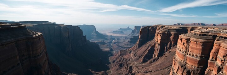 Obraz premium Stunning panoramic view of a grand canyon landscape with layered rock formations and blue skies
